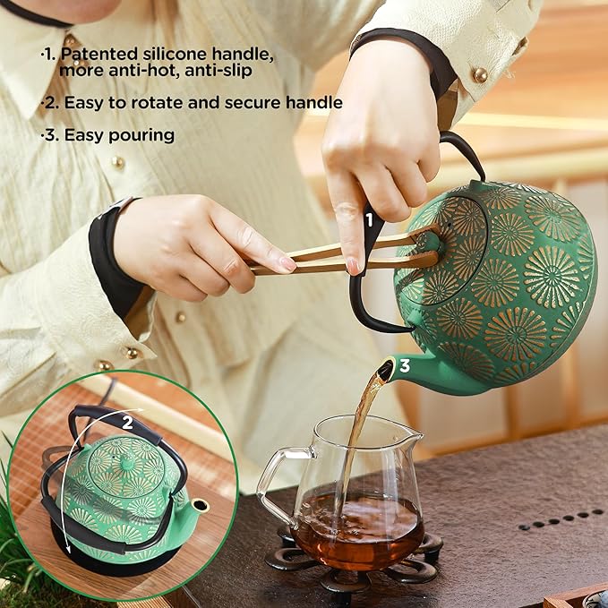 Cast Iron Teapot, 40oz Tea Kettle with Infuser for Stove Top, Sakura Design Japanese Tea Pot for Loose Leaf Coated with Enameled Interior, Silicone Handle 1200ml Black