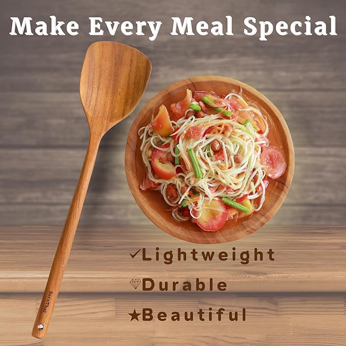 Teak Wood Wok Spatula Long Handle – Handmade Wooden Spatula for Cooking, Stir Frying & Flipping, Eco-Friendly Teak Wooden Utensil, Safe for Nonstick Pans