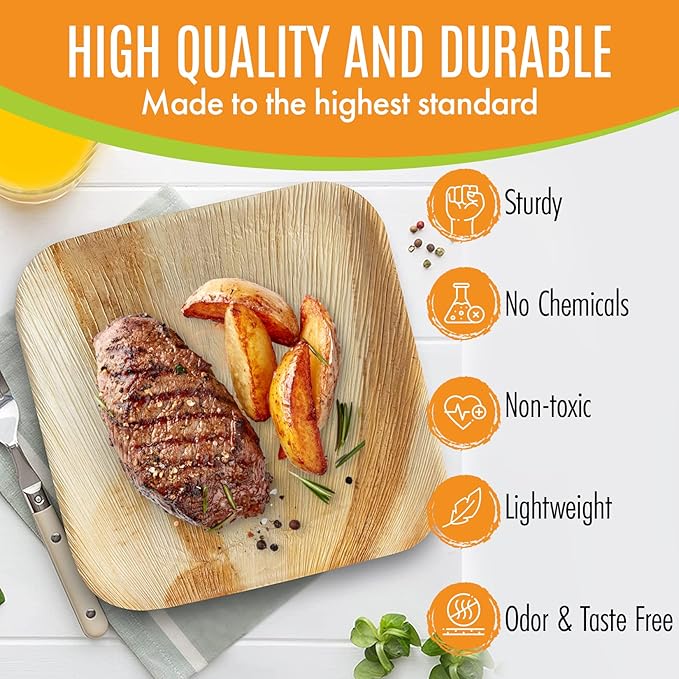 Raj Palm Leaf Plates [50-Pack] 8" Square Plates(8 CASES - 400 PACK) like Bamboo plates Disposable, Strong, Decorative Compostable Tableware for weddings, Lunch, Dinner, Birthday, Camping
