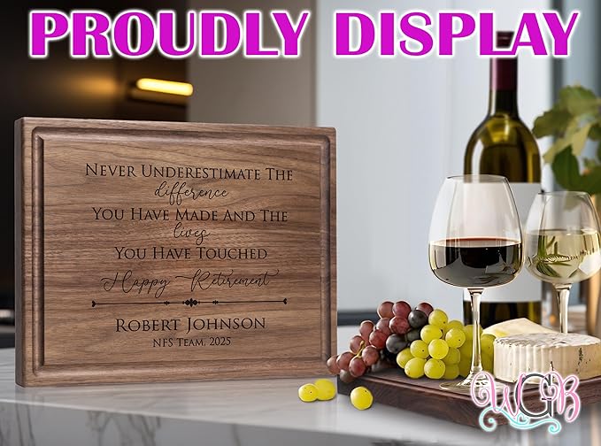 Personalized Retirement Cutting Board – Engraved Hardwood Plaque, Custom Corporate Farewell Gift, Goodbye Gift for Colleague, Appreciation Retirement 120