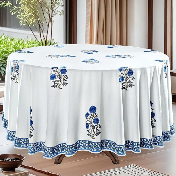 Ridhi Block Print Round Lapis Blue Reusable Tablecloth 100% Cotton 60" Inch Decorative Table Cover eveyday Dining, Home, Party, Wedding, Farmhouse Gift for Spring, Easter, Valentine