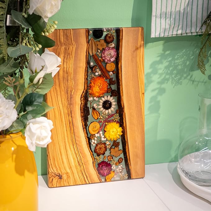 Handmade Olive Wood Charcuterie Boards with Flowers Preserved, Olive Wood Cutting Board, Housewarming Gifts New Home, Wedding Gifts, Birthday Gifts for Woman