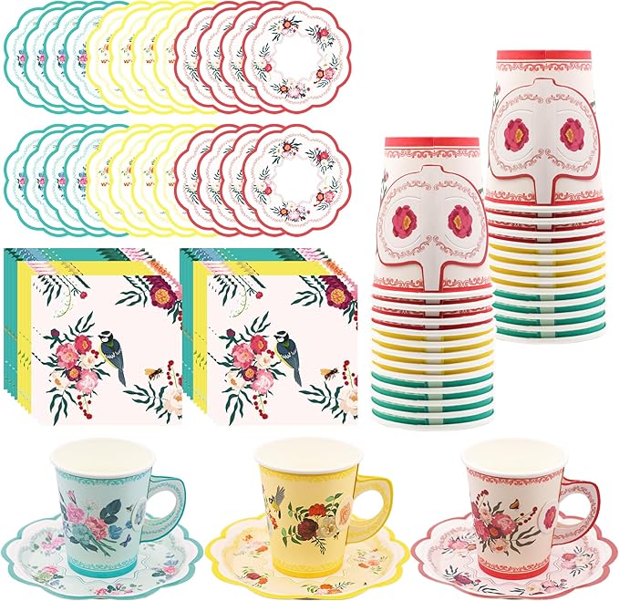 Disposable Tea Cups - 24 Pack Paper Tea Cups and Saucers 9oz Floral Teacups with Handle Tea Party Decorations Supplies for Kids Girls Coffee Mugs Wedding Birthday Bridal Baby Shower