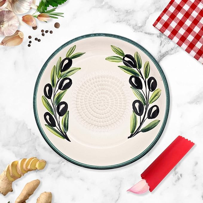 Ceramic Grater Bowl, Garlice Grater Plate, Handmade Ginger Grater, Mincer Bowl for Cheese &Vegetables, Ceramic Decorative Mincer, Hand Dish for Garlic (Olive Branch)