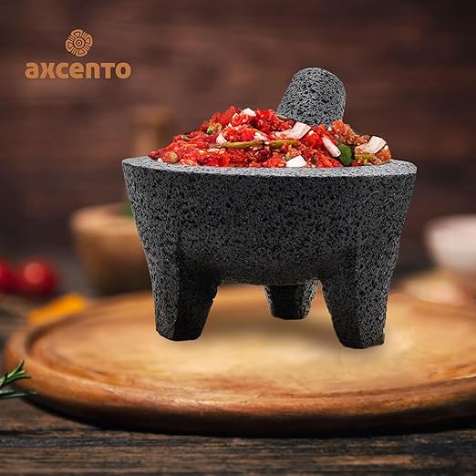 Molcajete Mexicano 8-Inch Guacamole Bowl with Pestle and Mortar Bowl Set, Volcanic Rock Molcajete, Oven Safe, Handmade in Mexico, Includes Cutting Board and Instructions, 750ml - Black Stone