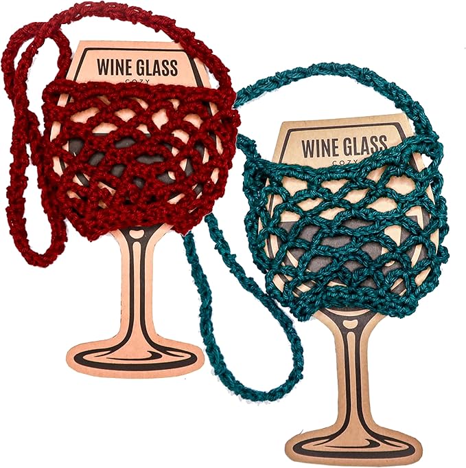 2 Pack Crochet Cotton Wine Glass Lanyard Holder for Wine Festival Lovers Gifts (Burgundy-Teal)