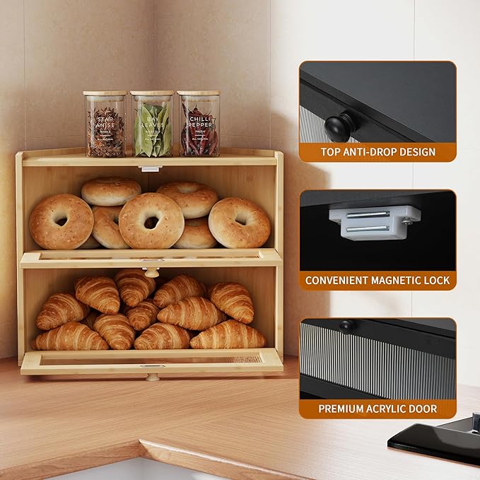 2 Tier Bread Box,Natural Bamboo Two Tier Bread Box with View Window, Handmade Sandwich Bread Keeper for Kitchen Countertop, Space Saving Storage Cabinet for Home Bakery in Corner Design