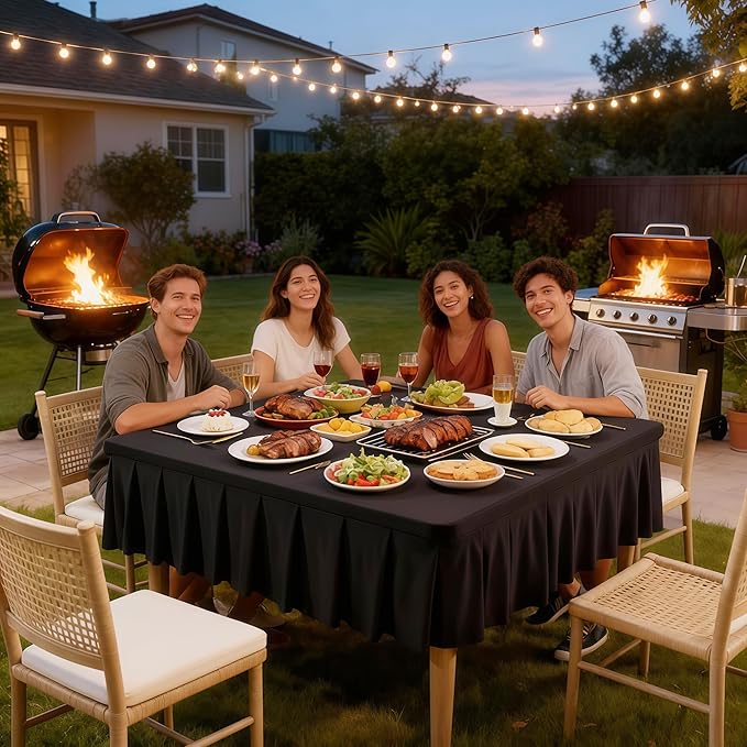 Wish Care Black Spandex Tablecloths for 48x48 Inch Square Tables, Stretch Fitted Table Clothes with Pleated Ruffle Skirt for 48” Table, Wrinkle Free and Elastic, for Party Kitchen Home Dining
