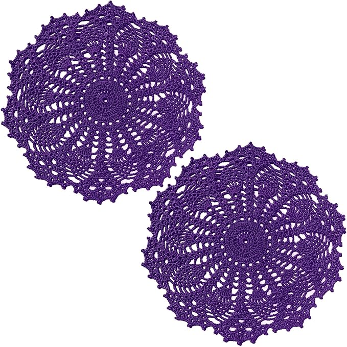 BIBITIME 2pcs 11 inches to 12 inches Lace Doilies Crochet Handmade Lace Coasters Round Placemat Rustic Table Doilies Decors for Kitchen Dining Room Party Dressers (Dark Purple)