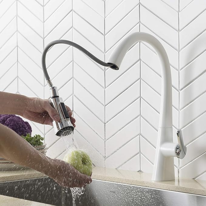 Kraus KPF-1673CHWH Nolen Dual Function Pull, Faucets for Kitchen Sinks, Single-Handle, 16 3/8 Inch, Matte White/Chrome