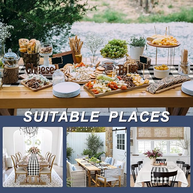 Hiasan Buffalo Plaid Table Runner Black and White, Classic Farmhouse Tabletop Collection, Waterproof Table Runner for Kitchen Dining, Banquet, Restaurant, Outdoor Use, 14W x 60L, 1 Piece