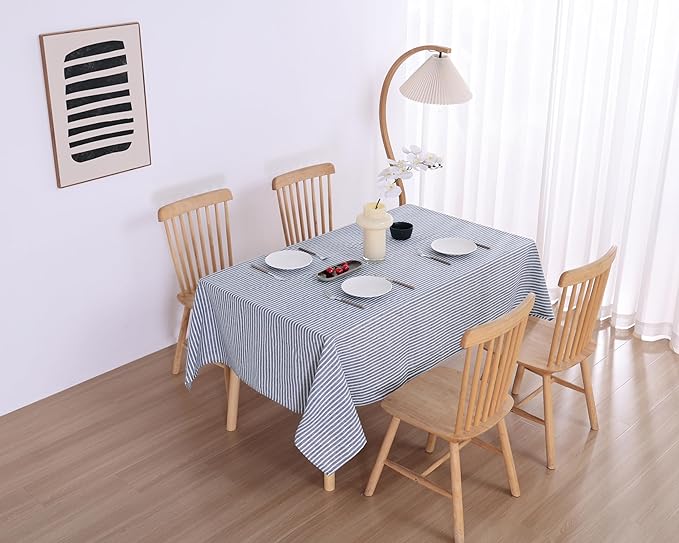 100% French Flax Linen Tablecloths Rectangle 108Lx60W Inch for Dinners, Parties, Easter, Halloween, Camping, Stone Washed, Textured, Machine Washable, 8-10 Sets (60''x108'', Blue Stripe)