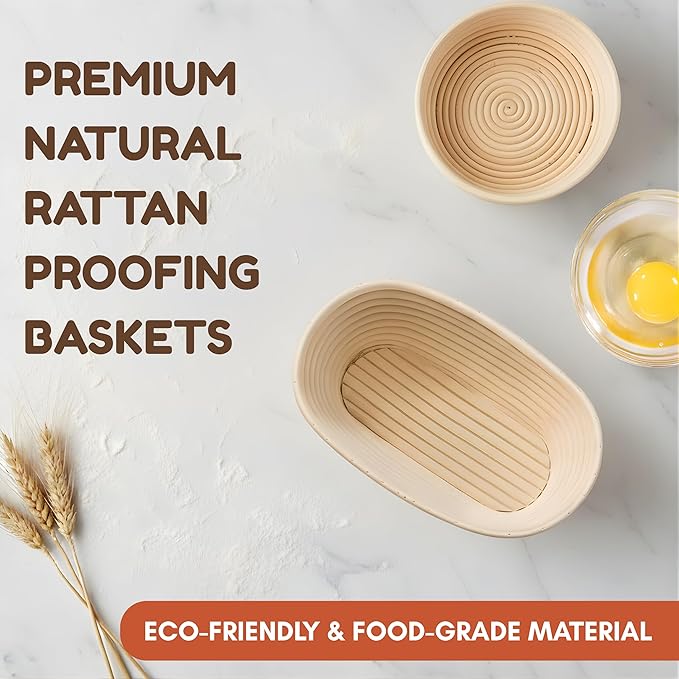EROIR Sourdough Banneton Bread Proofing Basket Set - 9" Round 10" Oval Linen Lined Baskets Baking Supplies, Danish Whisk, Lame, Bowl Scraper, Dough Scraper, Cleaning Brush, Recipes Book