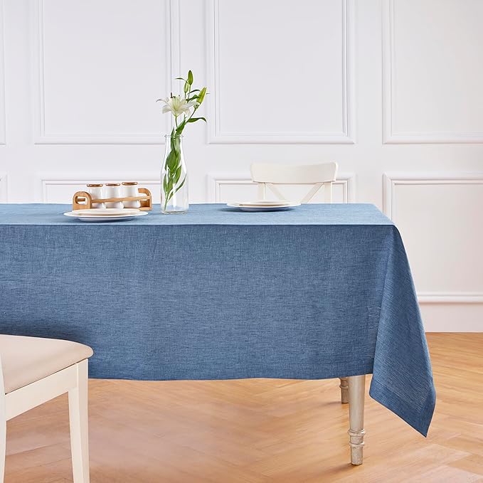 Solino Home Linen Tablecloth 60 x 120 Inch - 100% Pure Linen Blue Denim Table Cloth for Rectangle Tables - Athena, Machine Washable Tablecloth for Spring, Easter