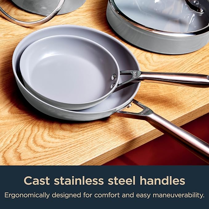 Ninja Ceramic Pro 10Piece Cookware Set, NonStick Pots & Pans Set with Glass Lids, Nontoxic, PTFE Free, Ceramic Coated, Stove to Oven Safe, All Stovetops & Induction Compatible, Neutral Gray, CW39010GY