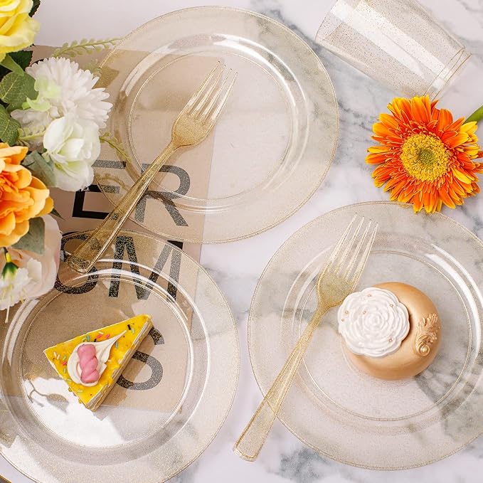WELLIFE 150PCS Gold Plastic Plates – Gold Glitter Disposable Dinnerware Set for 50 Guests (7.5" Dessert Plates), Includes 50 Plates, 50 Cups & 50 Forks for Wedding & Birthday Party Tableware