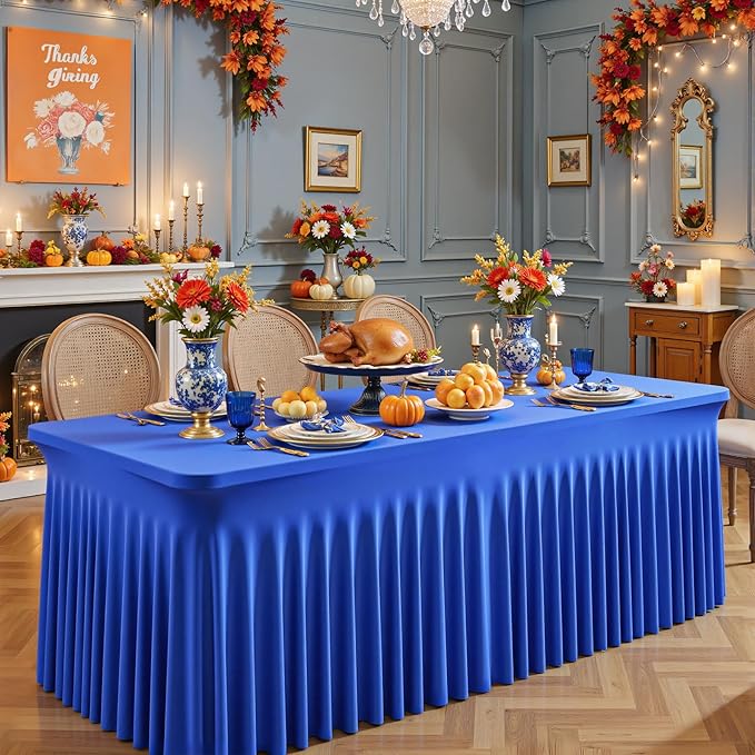 6 Packs Royal Blue Tableclothes for 8 Foot Rectangle Table, Wrinkle Free Spandex Tablecovers 8FT Stretch Fitted Table Cloth with Skirt for Birthday Parties Graduations Event Wedding Banquet