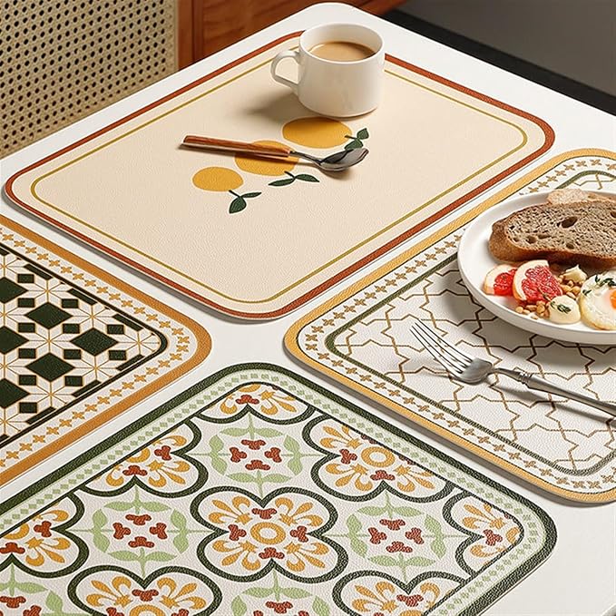 Printed Leather Placemat Style PVC Table Mat Waterproof Oilproof Heat-Insulated Plate Bowl Pad Room Decor 4pcs(A)