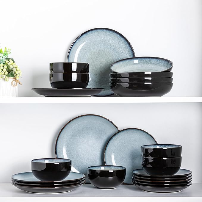LERATIO Ceramic Dinnerware Sets for 8,Stoneware Plates and Bowls Sets,Handmade Reactive Glaze Dishes Set,Chip Resistant and Scratch Resistant | Oven&Dishwasher & Microwave Safe-Gray White (24PCS)