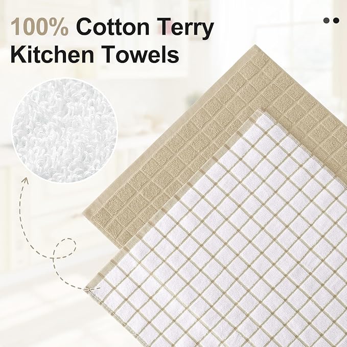 Homaxy Premium Cotton Kitchen Towels 16"x 28", Large Natural Ring Spun 390 GSM Dish Towels, Super Absorbent Terry Kitchen Hand Towels, Soft Tea Towels with Hanging Loop, Tan Check Design, 12 Pack
