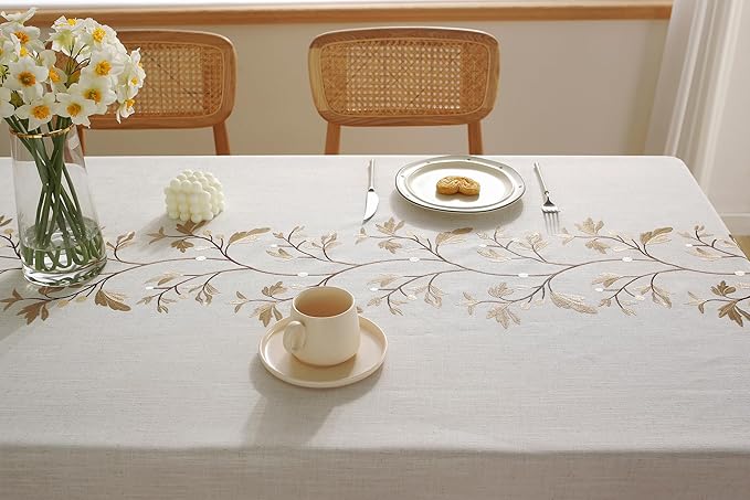 Alsoo Waterproof Table Cloth Rectangle Table Cotton Linen, Farmhouse Spring Tablecloth for Kitchen Dining, Party, Holiday, Outdoor (Coffee Flower, 4-6 Seats, 55"x75")