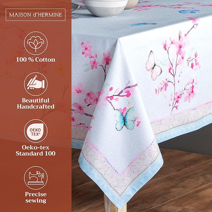 Maison d' Hermine Table Cloth Rectangle Table 100% Cotton 54 x 72 Inches Tablecloth Reusable Decorative for Dining Room Farmhouse Home Valentines Day Decorations Spring Summer - Blossoms in Spring