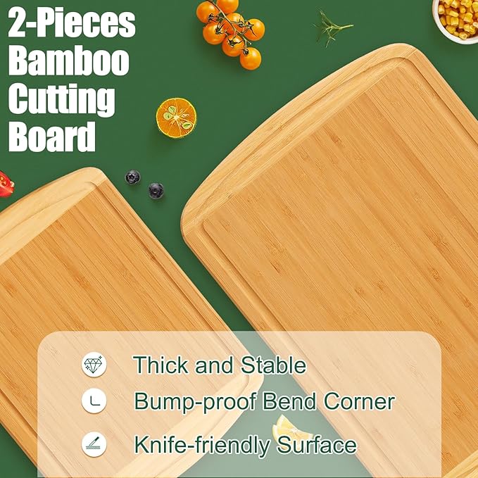 Homaxy Bamboo Cutting Boards for Kitchen Set of 2, Wood Cutting Board Set with Juice Groove, Wooden Butcher Block Chopping Board Set for Kitchen, Meat, Cheese, Fruit & Vegetables - Pre Oiled, Two-Tone