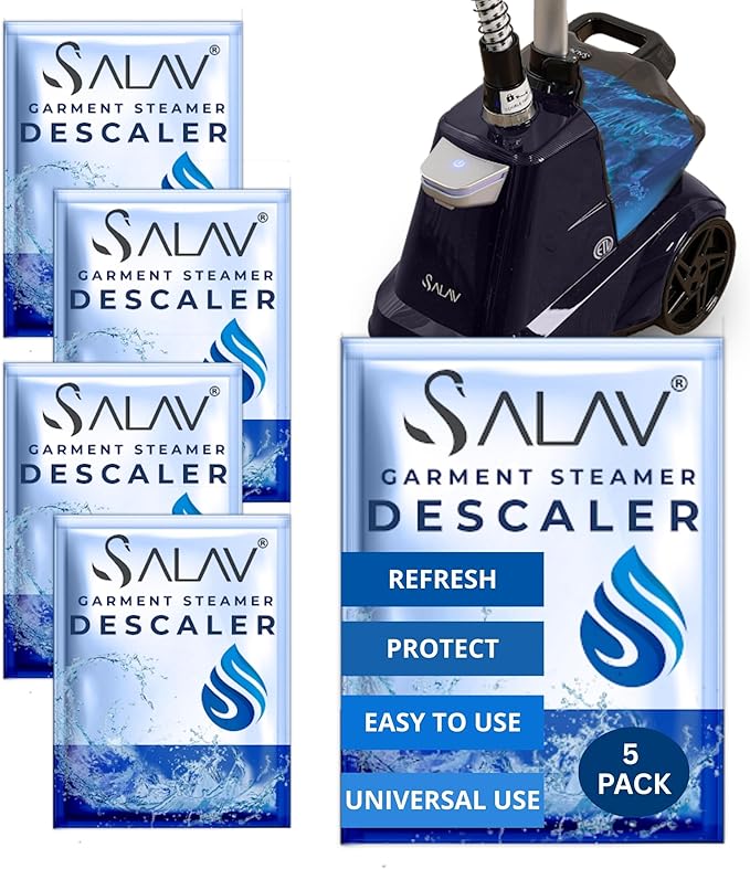 SALAV Garment Steamer Descaling Solution Decalcifier Packets for Mineral Deposits and Build-up Removal, Maintenance for Clothes, Works with all Garment Steamer Brands, Cleans Build Up, 5 packs