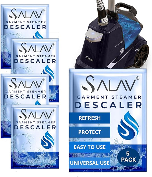 SALAV Garment Steamer Descaling Solution Decalcifier Packets for Mineral Deposits and Build-up Removal, Maintenance for Clothes, Works with all Garment Steamer Brands, Cleans Build Up, 5 packs