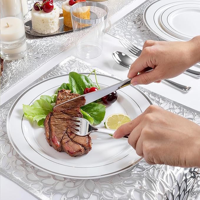 WDF 175PCS White and Silver Plastic Plates - Plastic Plates - 25Guests Silver Disposable Dinnerware Sets for Wedding/Birthday/Holiday/Valentine's Day