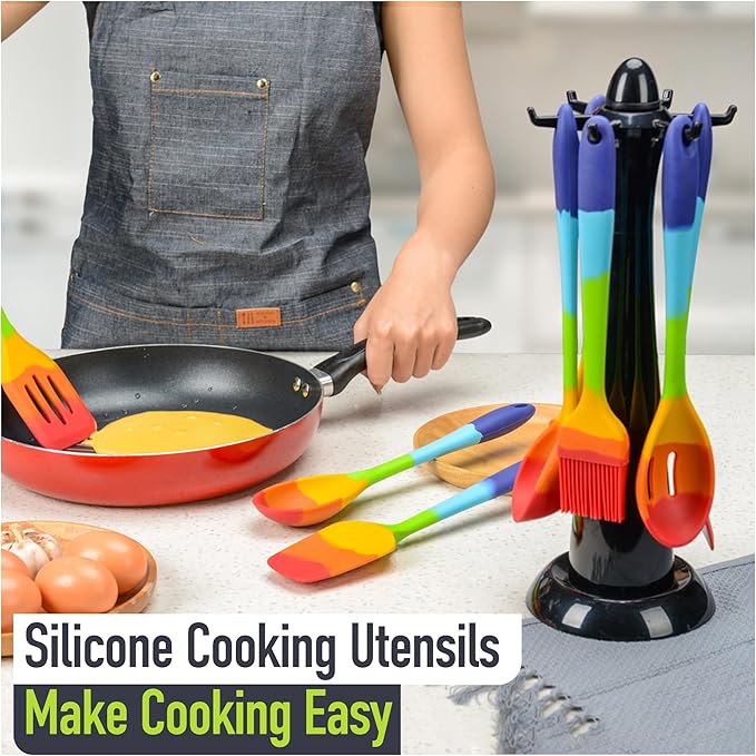 9-Piece Rainbow Silicone Spatula Set with Tongs – Multicolor Heat-Resistant Cooking Utensils for Nonstick Cookware – Flexible Turner, Spoon, Spatula, Brush, FDA Safe