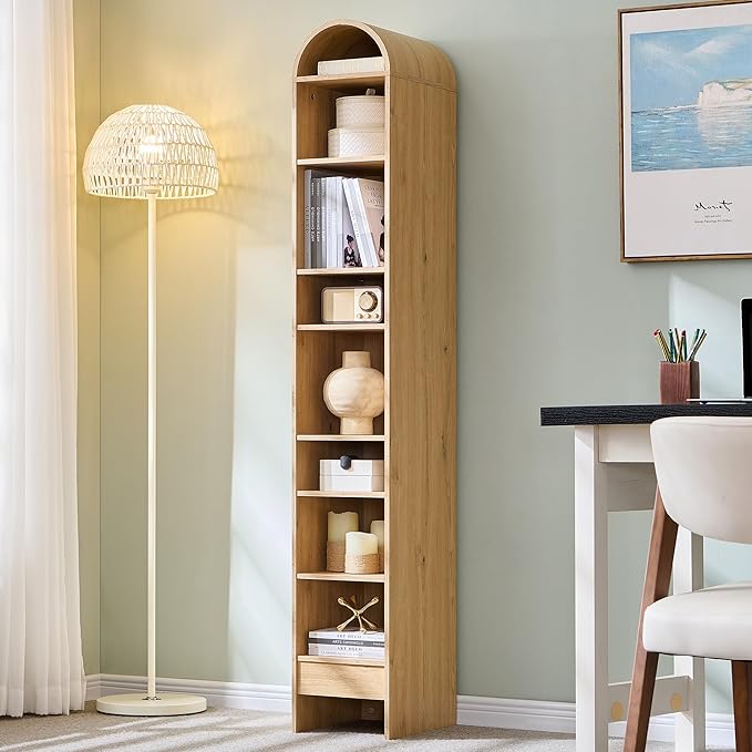 67" Tall Arched Bookshelf, 8 Tiers Arch Bookcase with Storage, Modern Farmhouse Book Shelf with Adjustable Shelves, Wood Bookshelf w/Open Display Shelves for Living Room, Office (Natural)
