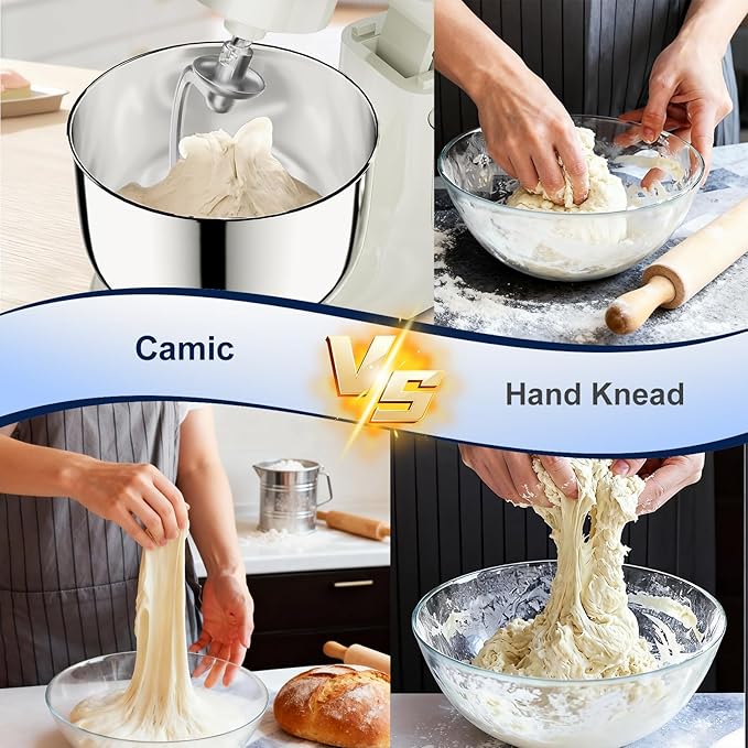 Camic Stand Mixer, 4.2QT+5.3QT Two bowls Electric Food Mixer, 10 Speeds with Digital setting 3-IN-1 Kitchen Mixer for Baking Cakes Cookie Bread Salad with Egg Whisk,Dough Hook,Flat Beater(White)