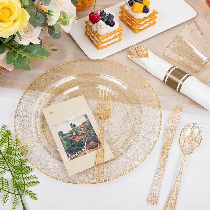 WELLIFE 210Pcs Gold Glitter Dinnerware Set, Gold Glitter Disposable Dinnerware for 30 Guests, Include: 30Dinner Plates, 30Dessert Plates, 90Gold Glitter Silverware, 30 Cups, 30 Paper Napkins