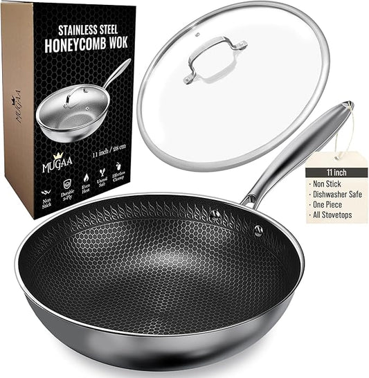 Woks & Stir-Fry Pans Nonstick 11" Stainless Steel Wok Pan with Lid | Tri-Ply Honeycomb Hybrid Stir Fry Pan | Induction & Oven Safe | Dishwasher Safe