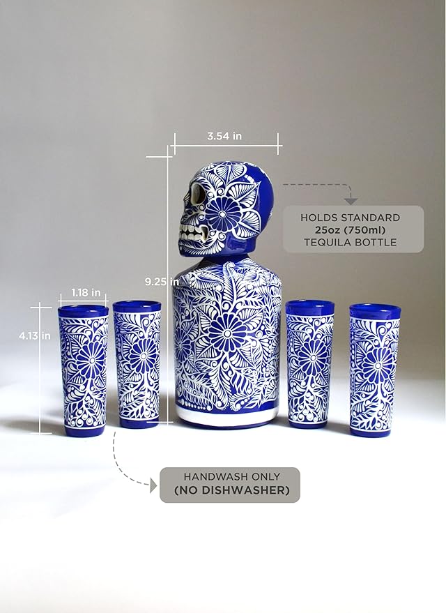 Tequila Decanter Set, Liquor Decanter with Shot Glasses and Mexican Sombrero, Hand-painted Decanter, Skull Decanter, Bar Decoration, Unique Tequila Gift, Gift For Dad (Blue Decanter Set)