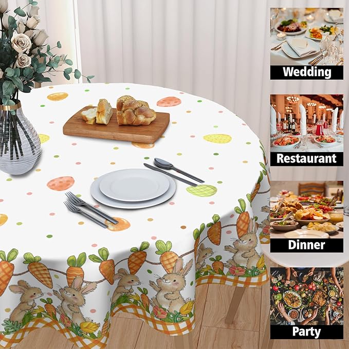 Easter Round Tablecloth 70 Inch Easter Bunny Carrot Egg Orange Buffalo Plaid Circle Table Cloth Seasonal Holiday Rustic Table Cover for Party Kitchen Dinner Home Decor
