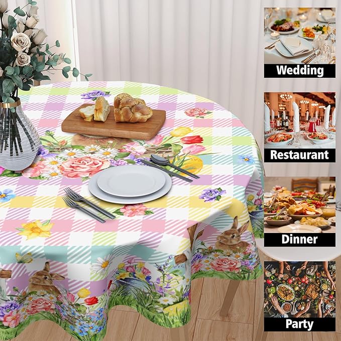 Easter Rabbit Round Tablecloth 60 Inch Easter Bunny Floral Colorful Buffalo Plaid Circle Table Cloth Seasonal Holiday Rustic Table Cover for Party Kitchen Dinner Home Decor