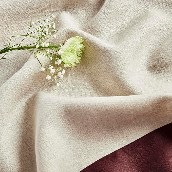 Solino Home Linen Tablecloth 60 x 108 Inch - 100% Pure Linen Burgundy and Natural Rectangular Tablecloth - Machine Washable Table Cloth for Valentines, Winter - Contempo