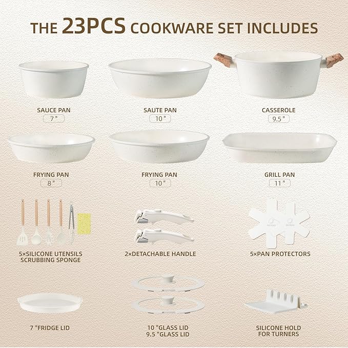 23pcs Ceramic Pots and Pans Set, Nonstick Detachable Handle Cookware, Induction Kitchen Cooking Set with Removable Handle,include Frying Pans & Saucepans Oven Safe, Induction, Stackable Set