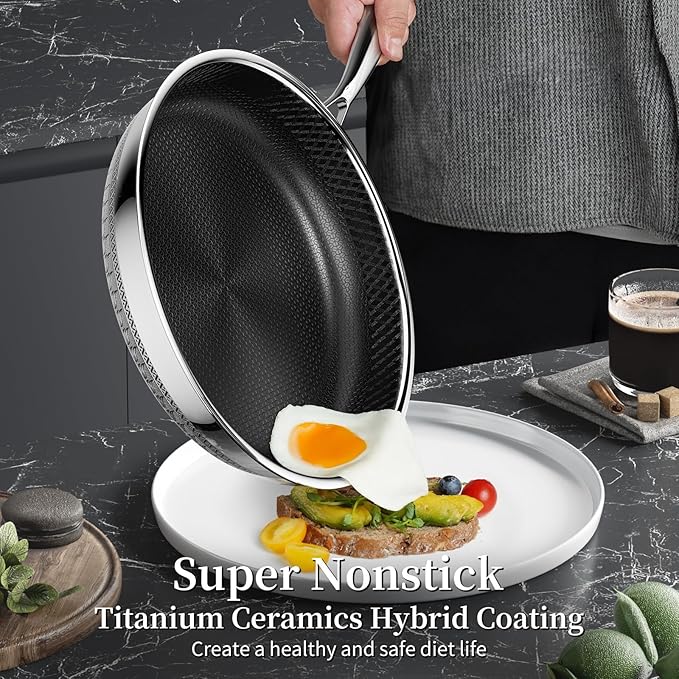 8 Inch Nonstick Frying Pan with Lid, Titanium Ceramic Tri-Ply Stainless Steel Non Stick Skillet W/Lid Small Hybrid Cooking Pan Healthy Induction Egg Frying Pan W/Stay Cool Handle, PFAS/PFOA/PTFE Free