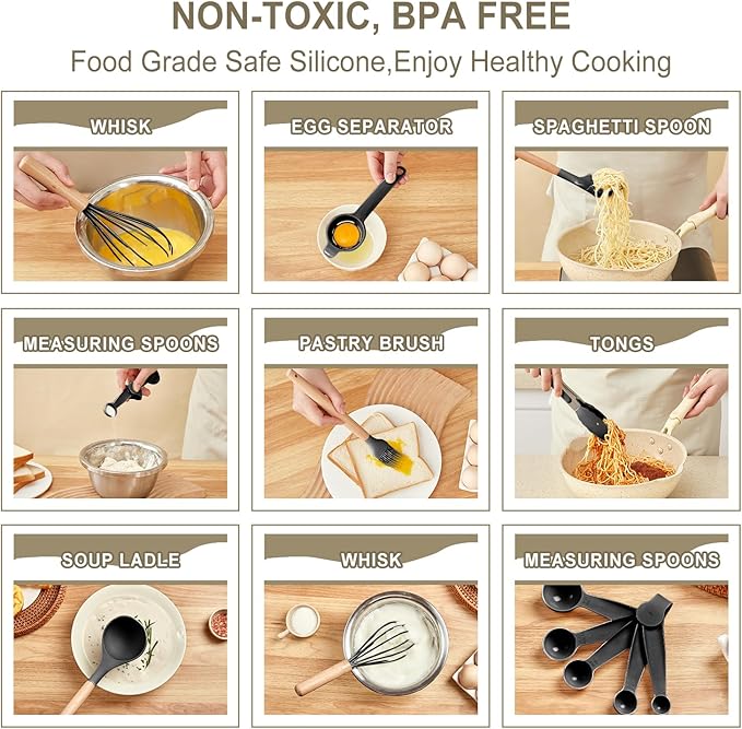 Kitchen Utensils Set - 34 PCS Non-Stick Silicone Cooking Utensils Set Spatula Set with Holder, Wooden Handle Spoon,Brush,Whisk Kitchen Gadgets Tools Set for Nonstick Cookware (Black-34P)