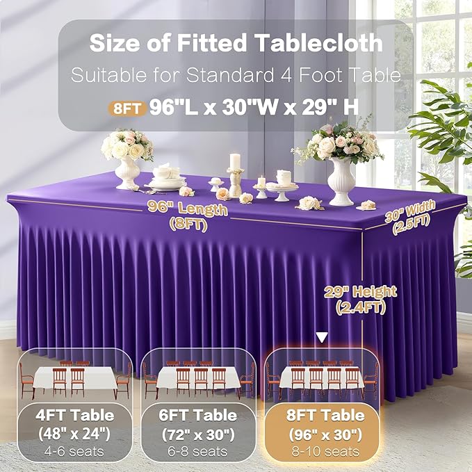 6 Packs Purple Spandex Table Covers 8 Foot, Fitted Stretch Table Cloth with Skirts 96x30 Inch, Wrinkle-Free Floor Length Rectangle Tablecloths for Trade Show Weddings Parties Banquets Events