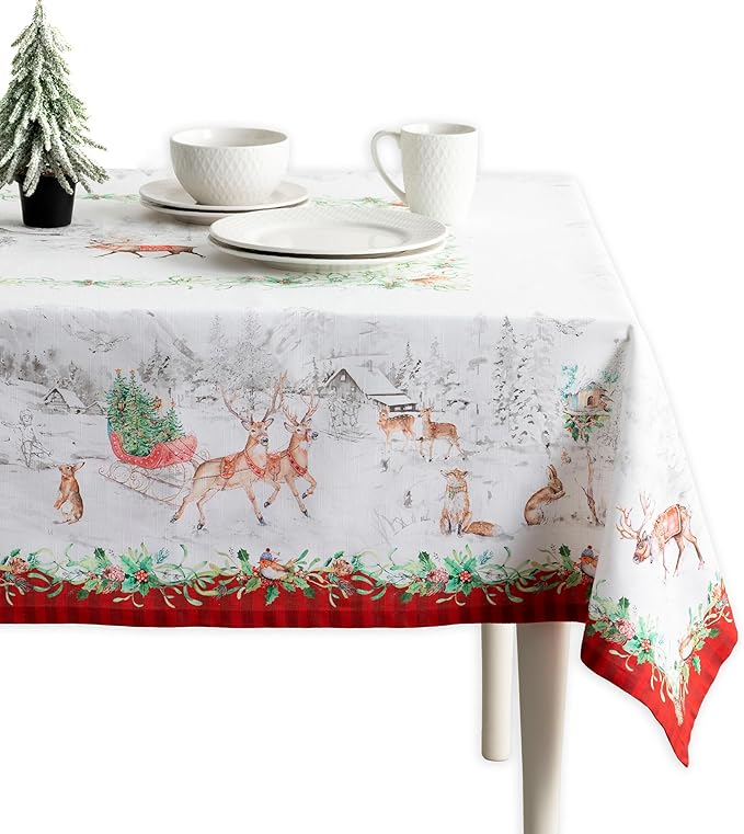 Maison d' Hermine Table Cloth Rectangle Table 100% Cotton 70 x 108 Inches Fall Tablecloth Reusable Everyday Use for Thanksgiving Christmas Decorations Dining Farmhouse Party (Christmas Tradition)
