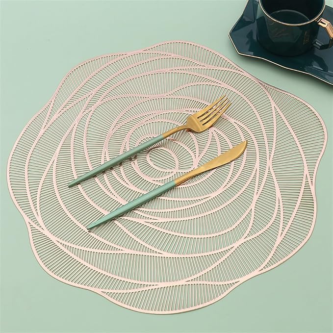 PVC Placemat Hollow Insulation Coaster Pads Table Bowl Mats Home Decor Heat Placemat for Dining Table(Rose)