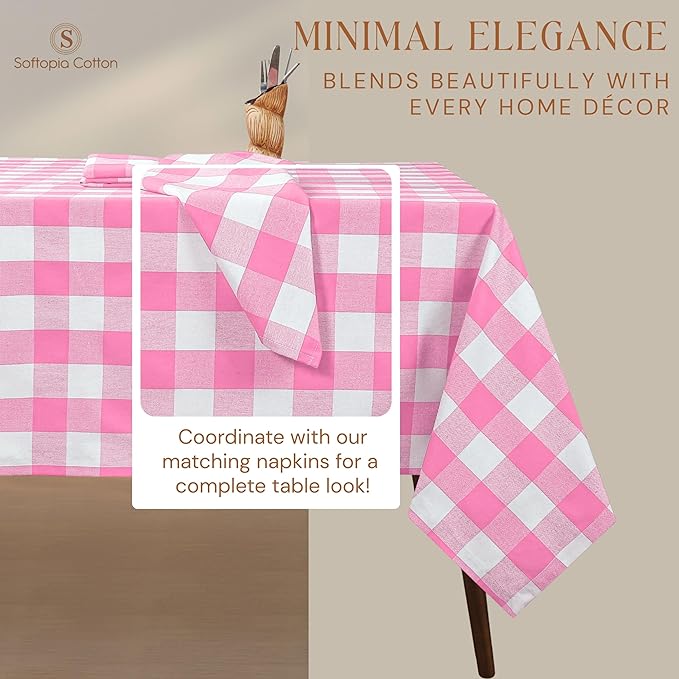 Rose Pink and White Buffalo Check Tablecloth, 60x84 Inches, Plaid Table Cover, 100% Cotton, Washable and Reusable, Perfect for Baby Showers, Birthdays, Weddings and Holiday Gatherings