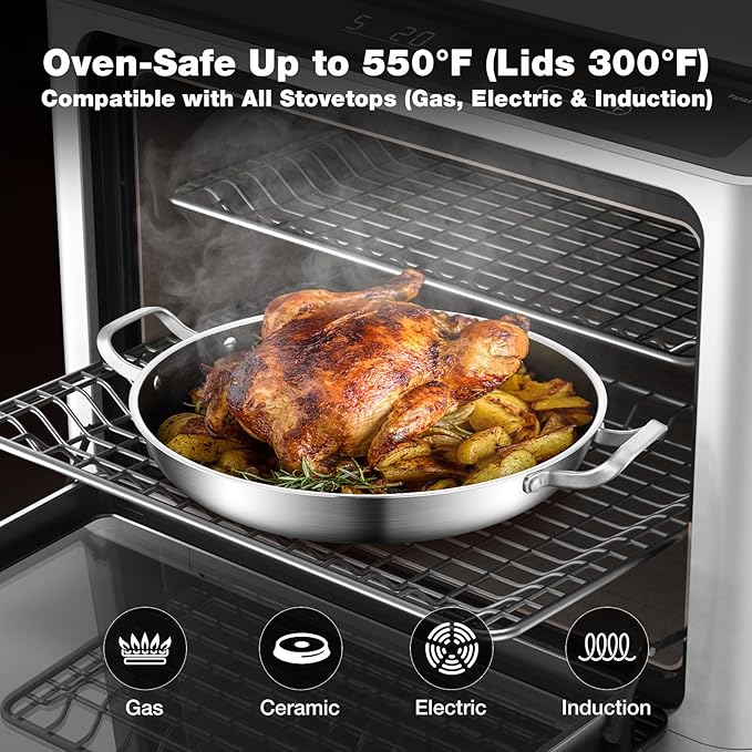 Paella Pan with Lid - 14.5" Honeycomb Tri-Ply 18/10 Nonstick Paella Pan, 12-Serving Deep Design, Oven/Dishwasher Safe 550°F, Universal Stainless Steel Skillet