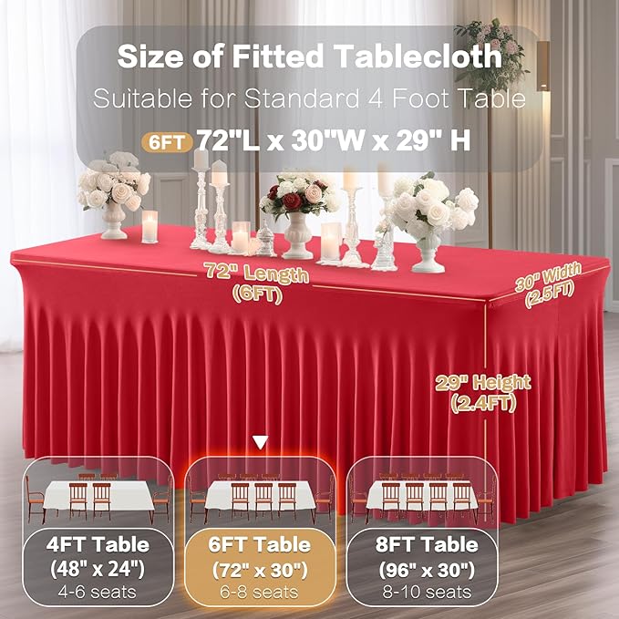 6 Packs Red Spandex Table Clothes for 6 Foot Rectangle Table, Spandex Table Covers 6FT Stretch Table Skirts Wrinkle Free Fitted Table Cloth for Valentines, Event, Wedding, Banquet & Parties