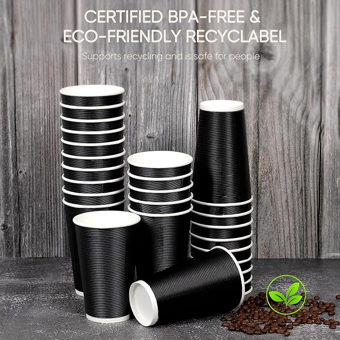 100 Pack 16 oz Disposable Coffee Cups with Lids and Straws, Insulated Ripple Wall To Go Paper Corrugated Cups, Bulk for Hot/Cold Drinks, Cafe Bar, Office, Chocolate, Cocoa (Black)