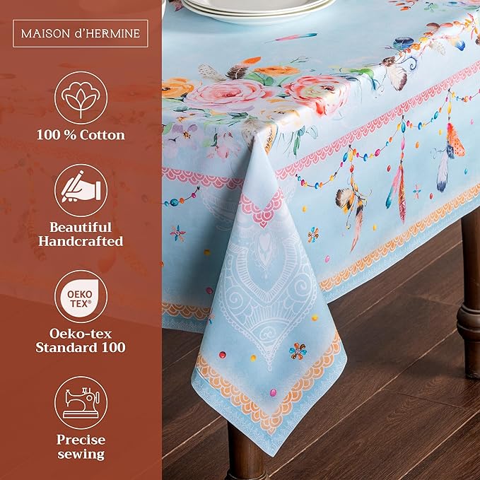 Maison d' Hermine Table Cloth Rectangle Table 100% Cotton 54 x 72 Inches Tablecloth Reusable Decorative for Dining Room Farmhouse Home Valentines Day Decorations Spring Summer - Ibiza - Blue